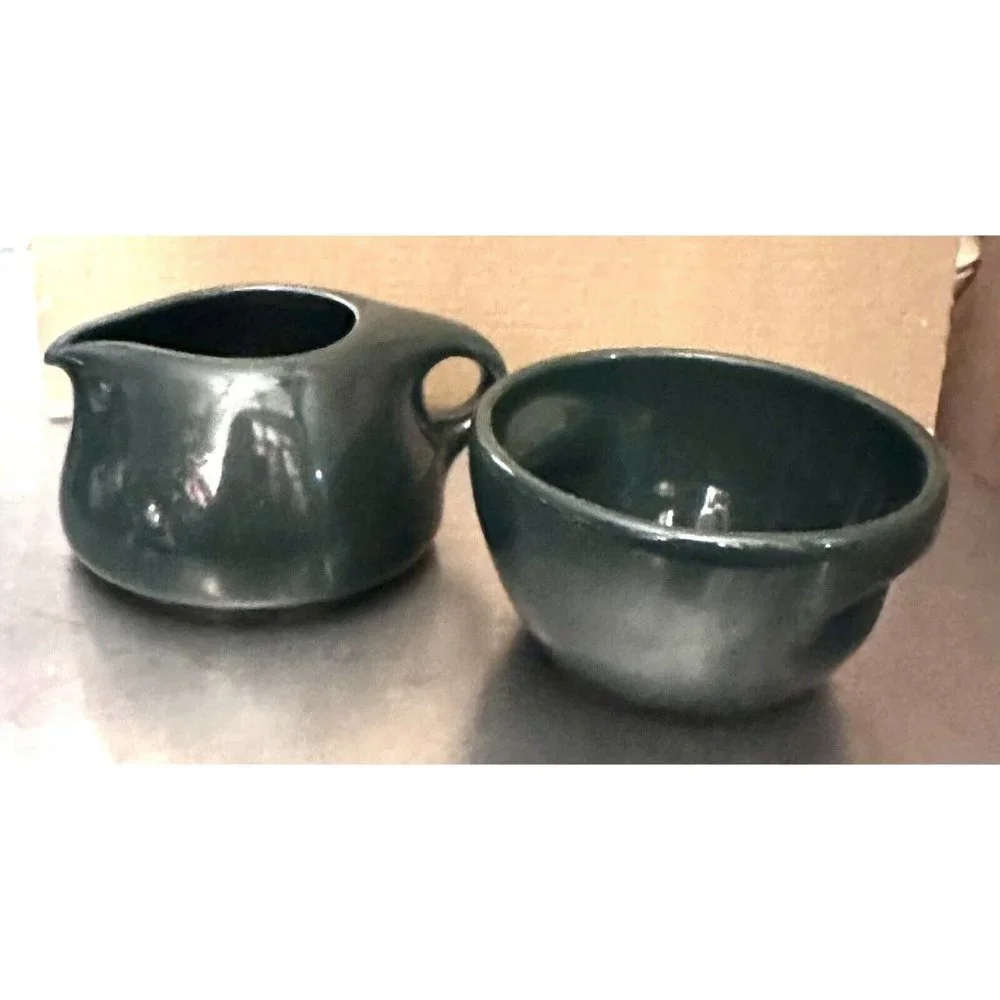 VTG Iroquois Casual Russel Wright Creamer Sugar Set C1960s Forest Green Stacking